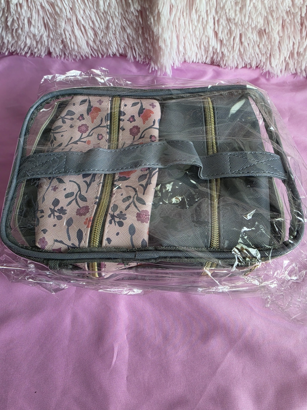 New 3-Piece Luxury Travel Cosmetic Bag Set - Clear Organizer & Floral Pouches NI
